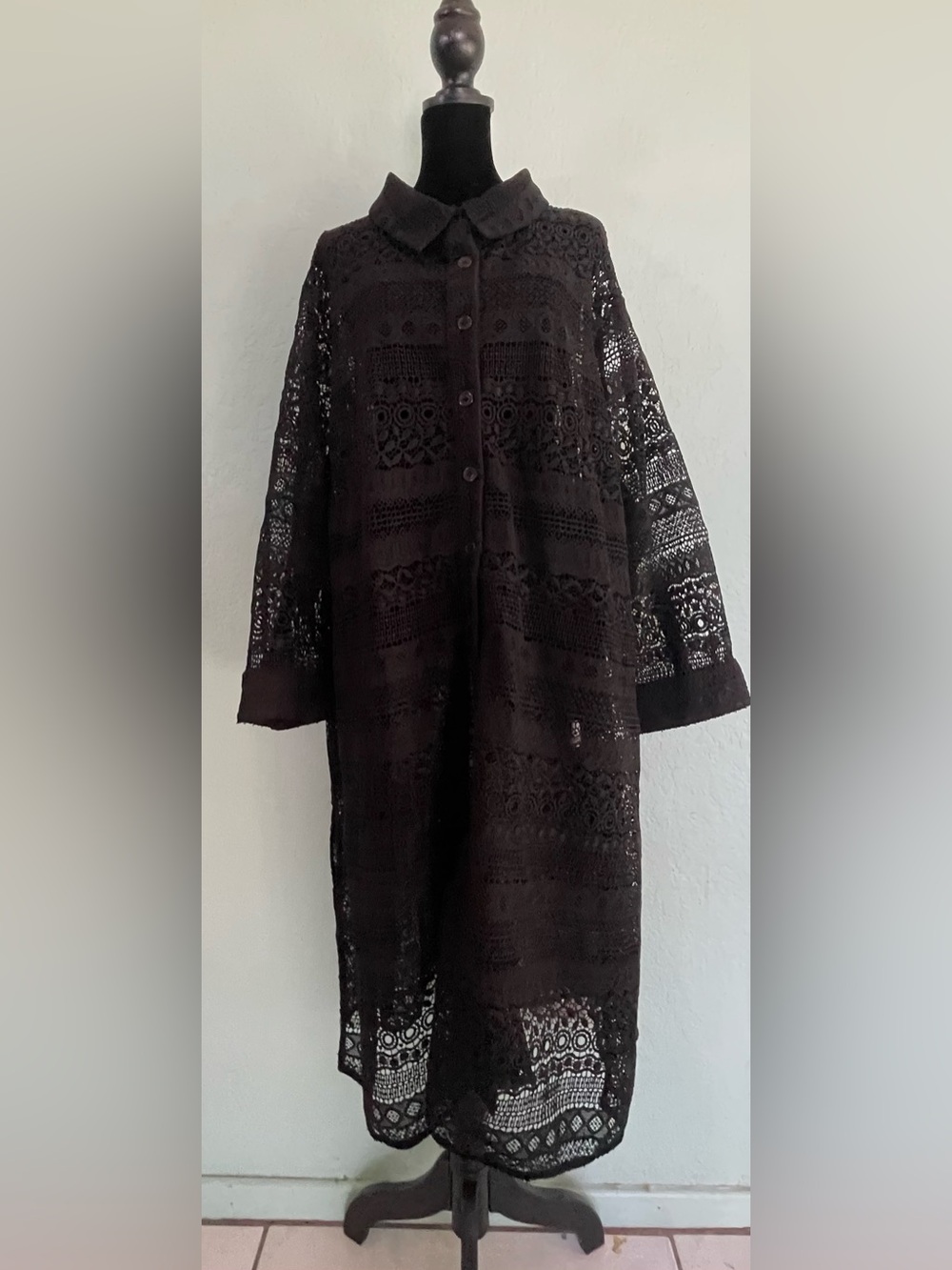 Black Crochet Long Button-Up Dress